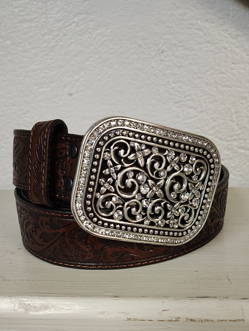 Ariat Brown Tooled Leather Belt with Rhinestone Silver Buckle XL